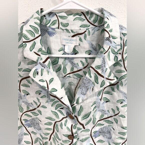Cynthia Rowley Linen Button-Up Shirt Birds Novelty Print Size Small EUC - Picture 2 of 4